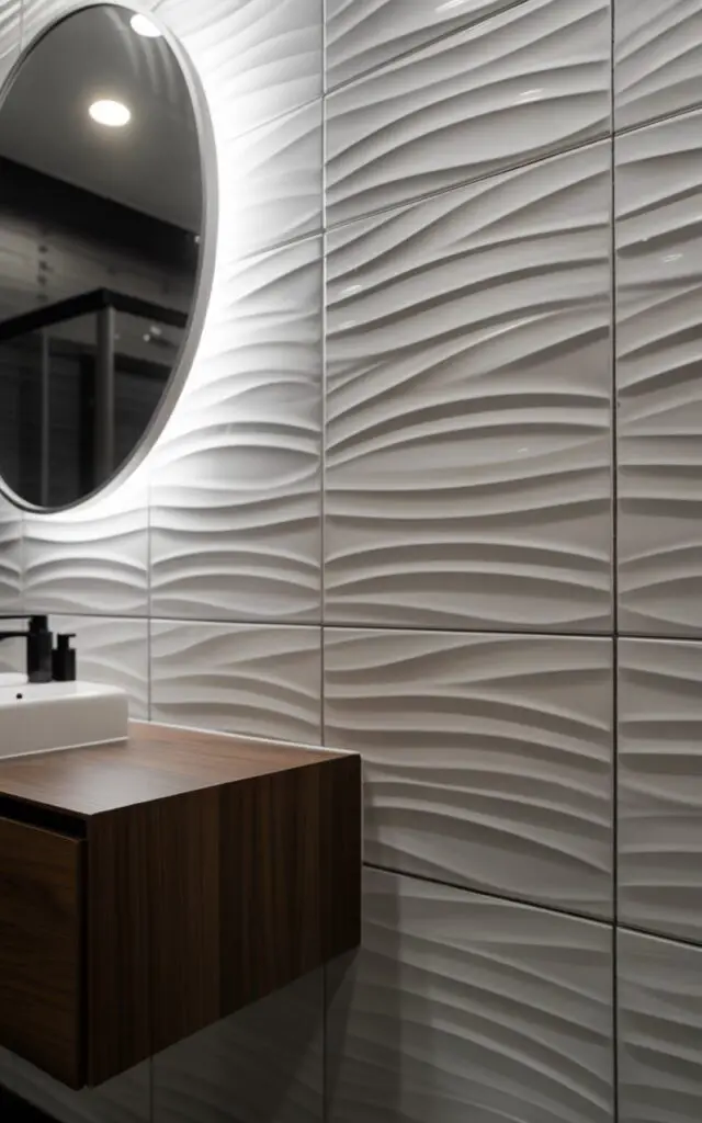 A photograph of a sleek, modern bathroom featuring a stunning wall of 3D white tile. The textured wall behind a floating walnut vanity showcases wave-like patterns, catching the light and creating subtle shadows. A round, backlit mirror hangs above the vanity, reflecting the minimalist black fixtures and recessed lighting above. Soft, ambient light illuminates the space, highlighting the tactile surface of the tile and creating a serene atmosphere.