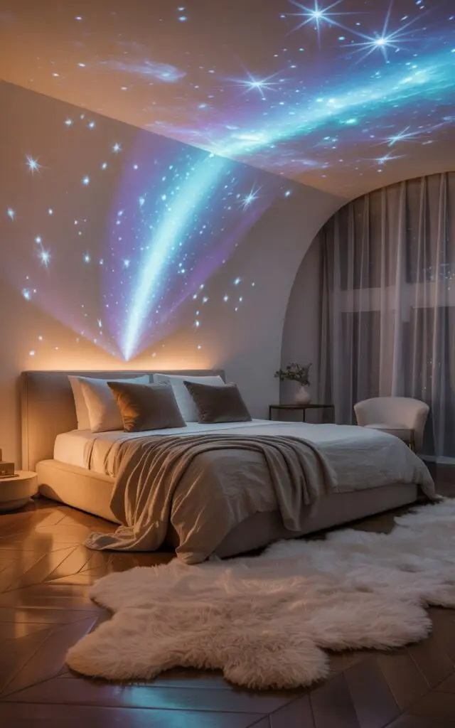 A photograph of a luxurious bedroom bathed in the ethereal glow of a star projector. The projector casts moving constellations and shimmering aurora lights onto the plush, cream-colored ceiling above a king-sized bed draped in soft grey linen and adorned with several velvet pillows.  Sheer white curtains billow gently in the background, complementing the minimalist furniture and a plush ivory rug that stretches across the polished wooden floor, creating a dreamy atmosphere. The overall scene evokes a sense of tranquil serenity, as if gently drifting through a celestial dreamscape.