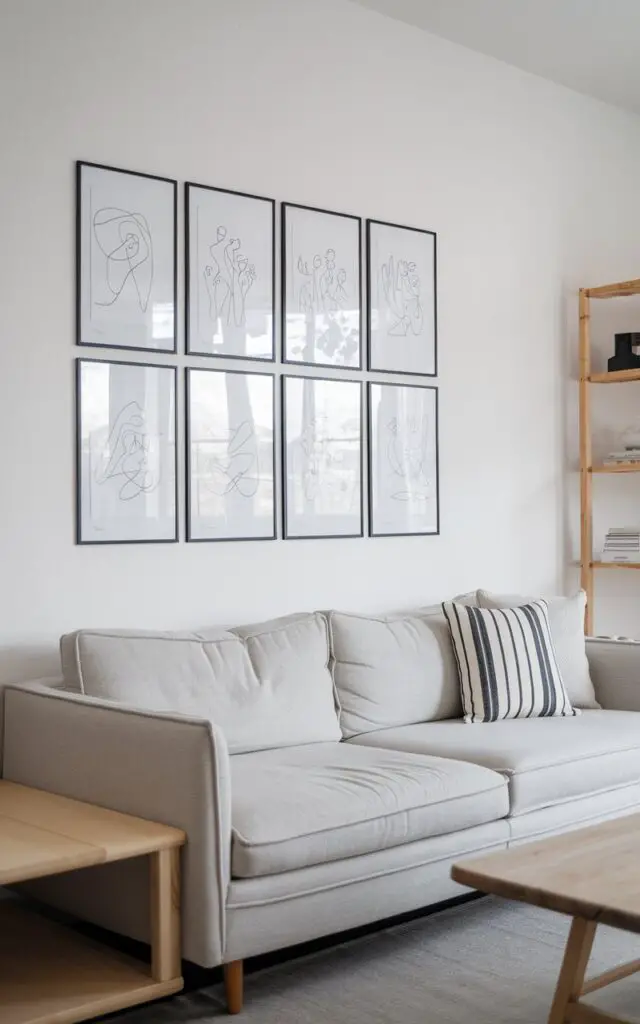 A photo of a minimalist Scandinavian living room with a cozy light gray sofa. Above the sofa, there is a series of black-and-white line drawings in slim black frames. The white walls keep the display airy and uncluttered. The room features natural wood furniture, including a coffee table and a shelf. The simplicity of the art allows the textures and textiles in the space to stand out.