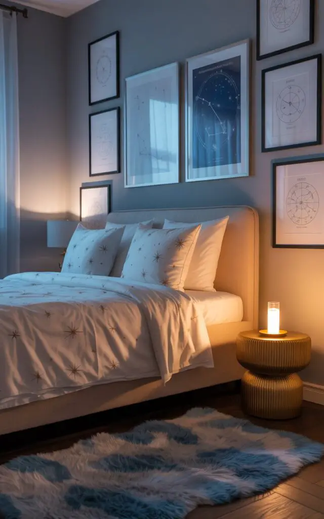 A photograph of a serene bedroom bathed in the soft glow of twilight. The room’s centerpiece is a queen-sized bed adorned with crisp, cream-colored linens and subtle star-patterned pillows, perfectly centered beneath a gallery wall featuring framed astrology art - including detailed zodiac constellation diagrams and celestial charts. A plush, patterned rug in shades of deep blue and silver lies beneath a small, circular gold-accented side table holding a single, flickering candle, casting gentle shadows across the walls and highlighting the room’s personalized, stylish celestial atmosphere. Soft ambient lighting from a nearby sconce enhances the cozy, meaningful atmosphere of the room.