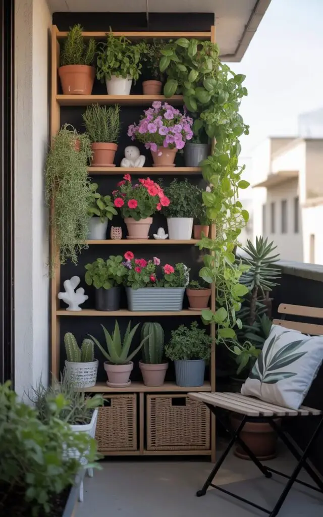 A photograph of a vertical wooden shelving unit overflowing with life on a small urban balcony. The shelves are laden with a vibrant collection of potted herbs like rosemary and basil, alongside colorful flowering plants like petunias and geraniums, and whimsical miniature ceramic sculptures. A string of cascading pothos gracefully drapes from the top shelf, while cacti and aloe vera populate the mid-level shelves, accented by woven storage baskets at the base, all bathed in the soft, diffused light of a late afternoon sun. A foldable chair with a botanical-print cushion sits invitingly to the side, completing the tranquil and well-designed outdoor space.