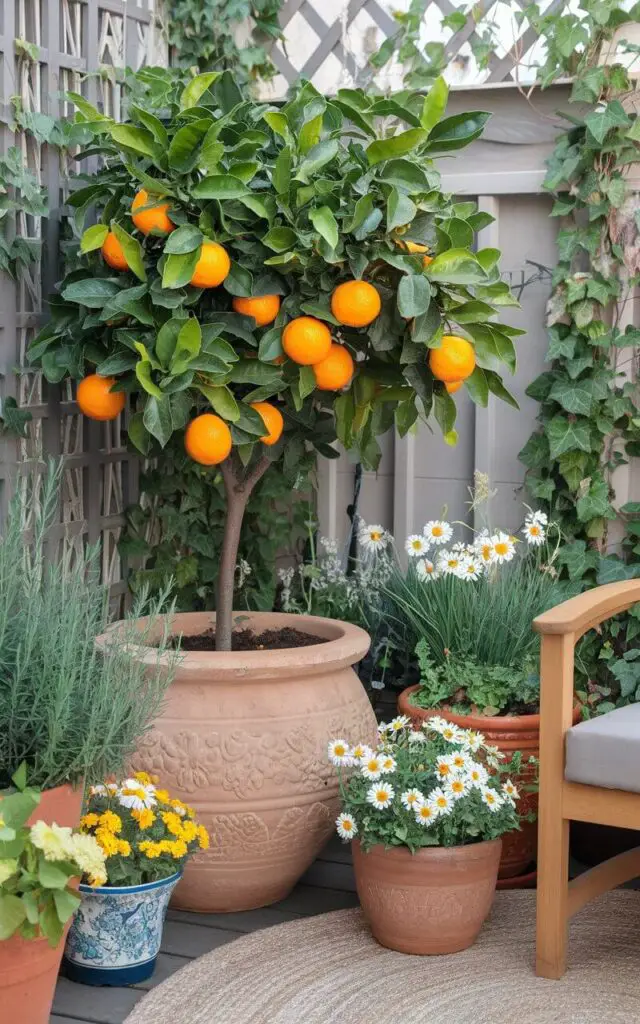 A photo of a lush balcony garden with a dwarf citrus tree in a large terracotta pot. The tree has glossy leaves and bright oranges hanging from its branches. Companion pots filled with thyme, oregano, and daisies are placed around the tree. A woven rug and wooden armchair are placed in the corner, creating an open-air living room. The background is softened by a lattice screen and creeping ivy. The balcony is well-decorated and fruitful, even in the smallest of outdoor spaces.