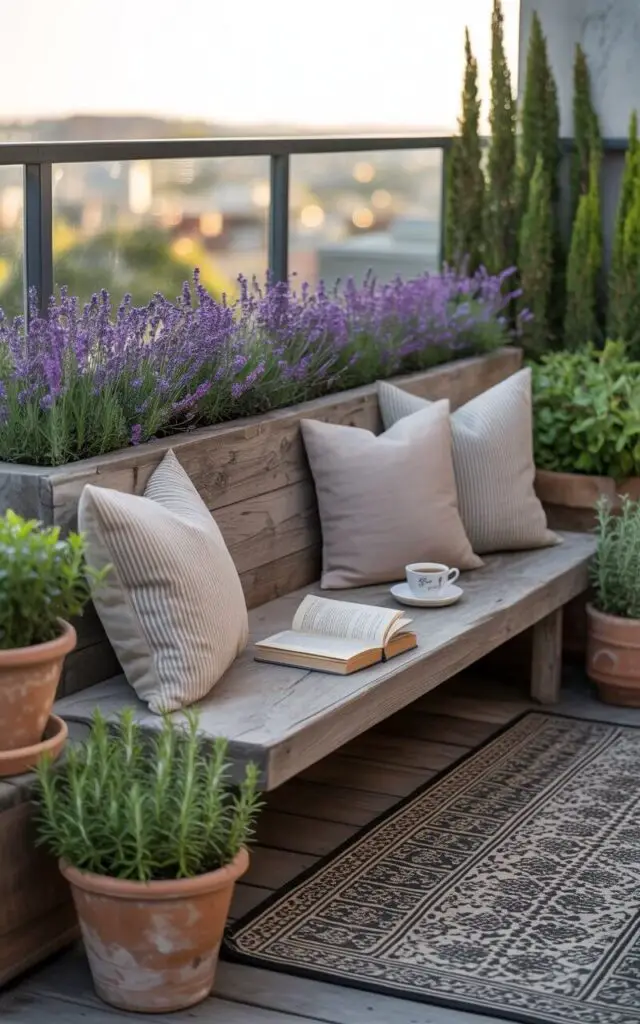 A photograph of a serene balcony garden centered around a low, weathered wooden bench with a built-in planter overflowing with vibrant purple lavender. The bench is adorned with plush striped cushions and soft linen throw pillows, inviting relaxation, and a half-read copy of "Little Women" sits alongside a steaming porcelain cup of Earl Grey tea. Surrounding the bench are terracotta and ceramic pots brimming with lush spider plants and fragrant rosemary, while a patterned outdoor rug anchors the space, all framed by a sleek glass railing overlooking a distant cityscape bathed in the soft glow of a late afternoon sun. The scene evokes a sense of tranquil intimacy, ideal for peaceful reflection and leisurely afternoons.