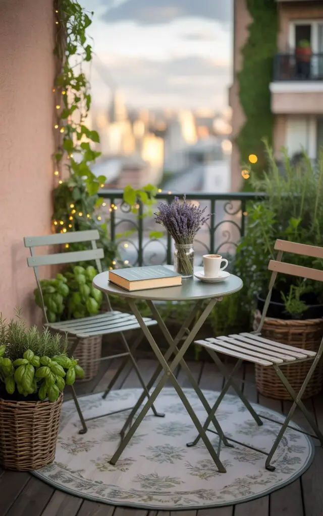 A photograph showcases a charming balcony garden centered around a compact bistro set, bathed in the soft glow of late afternoon sun. A round wrought-iron table with two matching foldable chairs sits upon a patterned outdoor rug, featuring a subtle floral design in shades of cream and pale green, while atop the table sits a small bouquet of lavender in a clear glass jar alongside a steaming white coffee cup and a well-worn copy of "Pride and Prejudice". Climbing ivy adorns the balcony railing, interwoven with delicate string lights, and woven baskets overflow with fragrant basil and rosemary, contributing to the serene atmosphere, with a glimpse of a vibrant cityscape visible beyond. The entire scene is captured with a shallow depth of field, subtly blurring the distant city view and emphasizing the cozy intimacy of the balcony retreat.