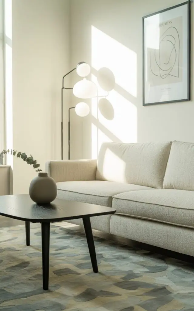 A photograph of a modern Scandinavian living room bathed in soft, natural light. A plush, pale beige sofa anchors the room, its texture accentuated by a patterned rug in muted grey and cream tones. A sleek black coffee table with tapered legs sits gracefully in front of the sofa, accompanied by two minimalist black floor lamps casting gentle pools of light, and a matte black vase holding a single sprig of eucalyptus. Crisp white walls display a framed print of "abstract lines" creating a harmonious balance of warmth and sophistication.
