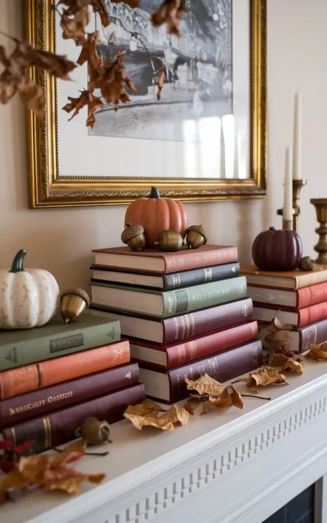 A photo of a fall mantel in a well-decorated living room. The mantel is decorated with stacks of hardcover books in fall hues of terracotta, olive, maroon, and burnt orange. On top of the book stacks, there are ceramic pumpkins, brass acorns, and votive holders. A gold-framed print hangs behind the arrangement. Dried leaves are scattered across the surface. The books add depth and character to the mantel, connecting its cozy mood with the intellectual charm of the home.