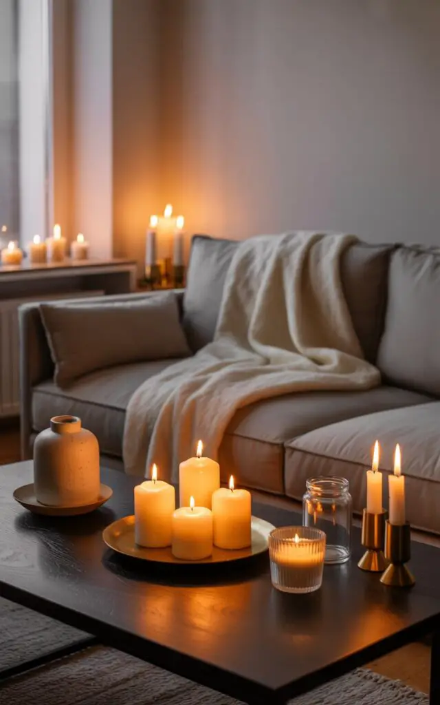 A photograph of a softly glowing Scandinavian living room centered around a plush, muted gray sofa. The sofa is artfully draped with thick, cream-colored wool throws, catching the warm light from several clusters of flickering candles arranged on a dark wood coffee table and along the nearby window sill. Scattered around are ceramic holders, clear glass jars, and polished brass accents, all contributing to the minimalist aesthetic, while the white walls amplify the enchanting golden flicker. Gentle, diffused candlelight bathes the room in a cozy ambiance, instantly creating an intimate and magical space embodying the principles of "hygge living."