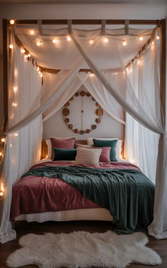 A photograph of a cozy four-poster bed draped with a flowing, sheer canopy of white fabric that evokes a dreamy, ethereal feel. The bed is adorned with layered bedding in deep sapphire, emerald, and ruby tones, accented by plush velvet pillows and a knitted throw blanket, creating an inviting nest. A circular moon-phase wall hanging featuring intricately carved wooden phases of the moon is centered on the wall behind the bed, while a thick, cream-colored rug softens the floor below. Soft, warm white string lights are woven through the canopy, casting a gentle, magical glow that suggests sleeping under a starlit night sky.