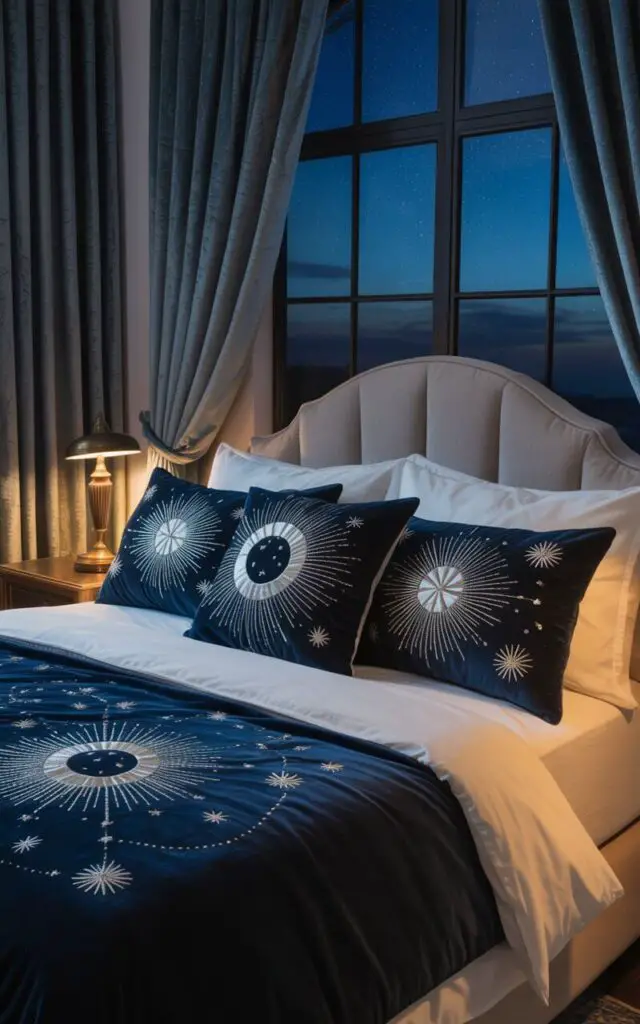 A photograph of a luxurious bedroom bathed in soft, ambient light, showcasing a plush bed as the central focus. The bed is adorned with an assortment of throw pillows embroidered with intricate patterns of stars, moons, and shimmering silver thread, artfully arranged against a deep indigo duvet. Matching velvet curtains frame a large window overlooking a starlit sky, while a bedside table with a vintage brass lamp adds a touch of warmth to the cosmic-themed room. The overall scene evokes a sense of serene comfort and celestial wonder.