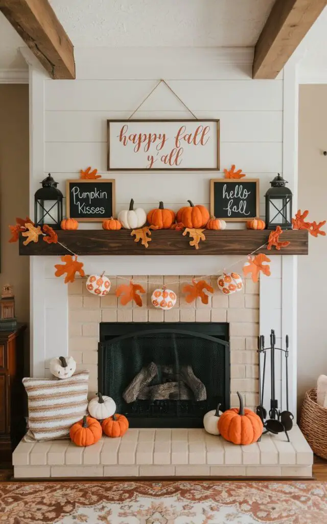 A living room with a fireplace mantel decorated for fall. The mantel has two mini chalkboards, each with a handwritten message: "Pumpkin Kisses" and "Hello Fall." There are also felt pumpkins, lanterns, and leafy branches on the mantel. Hanging on the wall above the mantel is a sign that says "Happy Fall Y'all". The room has a rustic charm, with wooden beams on the ceiling and a patterned rug near the fireplace.