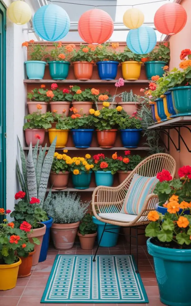 A photograph of a vibrant balcony garden brimming with color and charm. Numerous terracotta pots in shades of turquoise, coral, yellow, and cobalt are arranged artfully, showcasing a medley of geraniums, marigolds, dusty miller, and snake plants. A geometric patterned rug lies on the tiled floor while a rattan chair adorned with striped cushions sits invitingly. Paper lanterns strung overhead cast a warm glow, creating a cheerful and inviting space celebrating "balcony bliss".