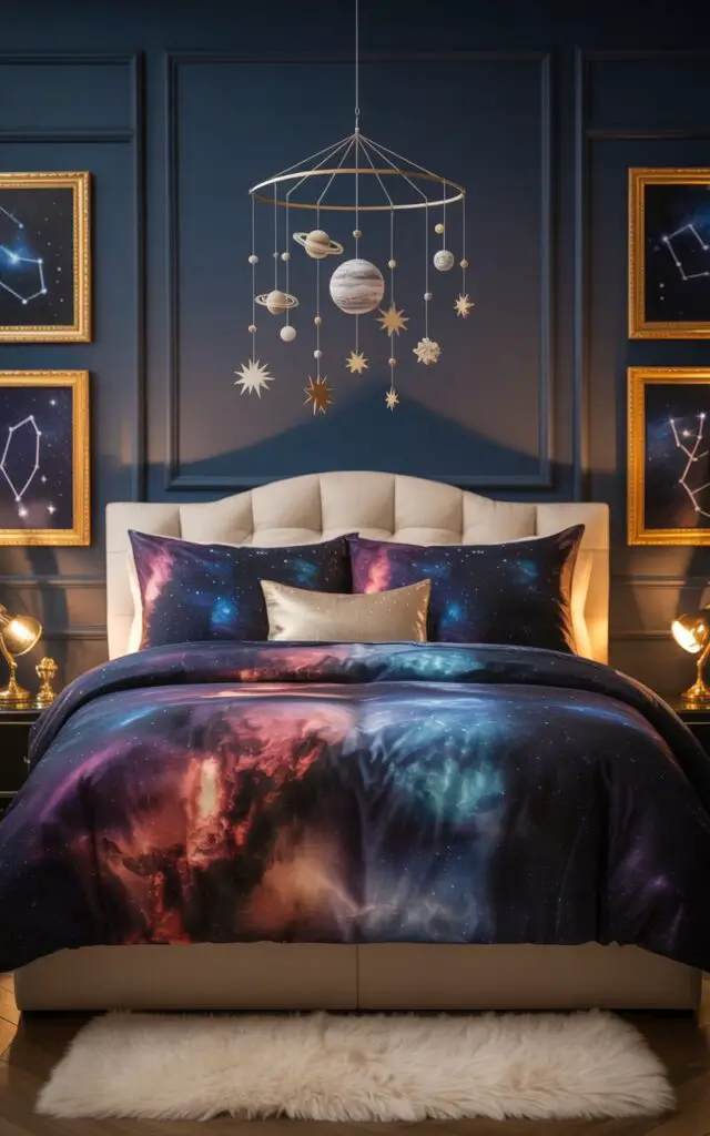 A photograph of a luxurious bedroom centered around a queen-sized bed with a deep galaxy-print comforter and plush pillows. Hanging above the bed is a delicate metallic mobile featuring miniature planets, moons, and stars gently rotating, reflecting the soft glow of the layered lighting. The walls are painted a deep indigo, adorned with gold-framed artwork depicting constellations, while a plush, cream-colored rug sits beneath the bed. Warm, ambient lighting casts playful shadows, creating a whimsical and inviting celestial atmosphere.