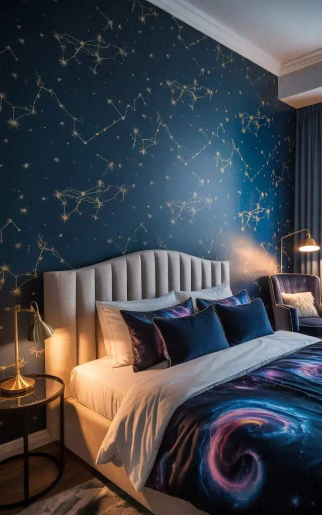 A photograph of a luxurious bedroom centered around a plush king-sized bed adorned with velvety sapphire cushions and a duvet patterned with swirling galaxies. The headboard is nestled against a striking accent wall covered in deep navy constellation wallpaper, featuring delicate gold lines tracing intricate star maps. A small, round nightstand on one side holds a vintage brass lamp casting a warm glow, while a cozy reading nook with a velvet armchair sits in the corner, illuminated by a floor lamp. The scene is bathed in soft, ambient light, enhancing the wallpaper’s shimmer and creating a refined, dreamy celestial atmosphere.
