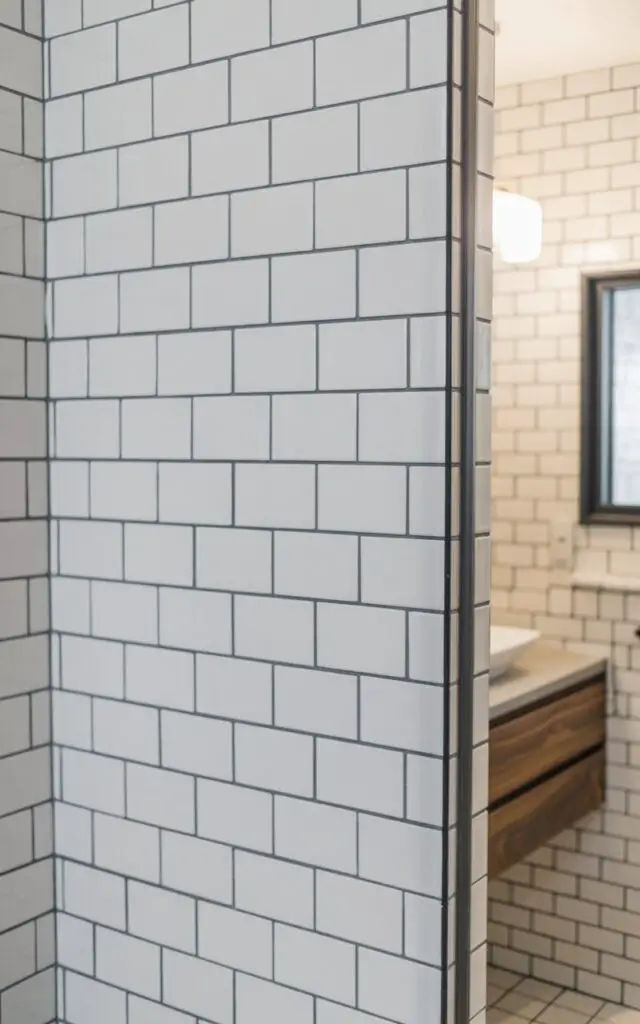 A photograph showcasing a close-up view of a pristine shower wall within a modern bathroom. The wall is entirely covered in white subway tiles arranged in a classic brick pattern, accented by deep charcoal grout that dramatically outlines each rectangular tile, resembling a hand-drawn sketch. A sliver of a black-framed glass shower door is visible on the right, partially obscuring a glimpse of a floating walnut vanity below. Soft, diffused natural light illuminates the scene, highlighting the graphic contrast between the white tiles and charcoal grout, creating a clean and contemporary aesthetic.