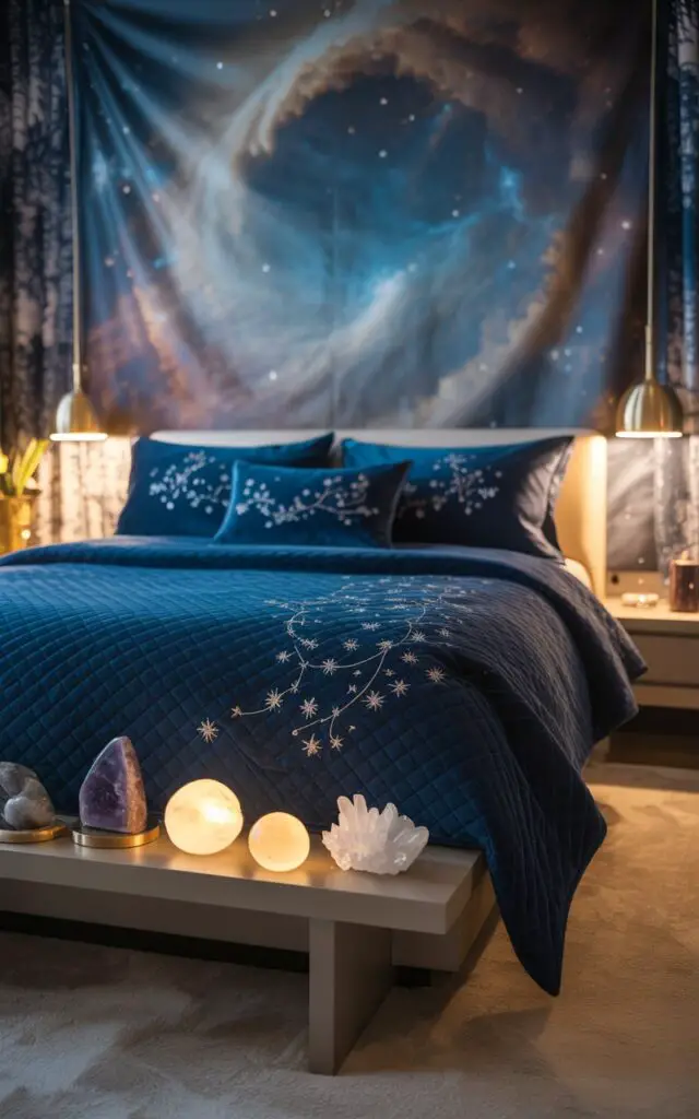 A photograph showcases a luxurious queen-sized bed as the central focus, enveloped in deep indigo velvet bedding embroidered with delicate silver stars. The bed is positioned centrally within the room, draped with a plush, quilted throw, and a single, intricately embroidered pillow rests against the headboard. Behind the bed, a sprawling tapestry depicts a swirling nebula, softly illuminated by two brass lamp fixtures that highlight the shimmering silver embroidery and a floating shelf displays amethyst geodes, clear quartz clusters, and luminous moonstone spheres. The room is bathed in warm, ambient lighting, creating an atmosphere of serene elegance and tranquil beauty.