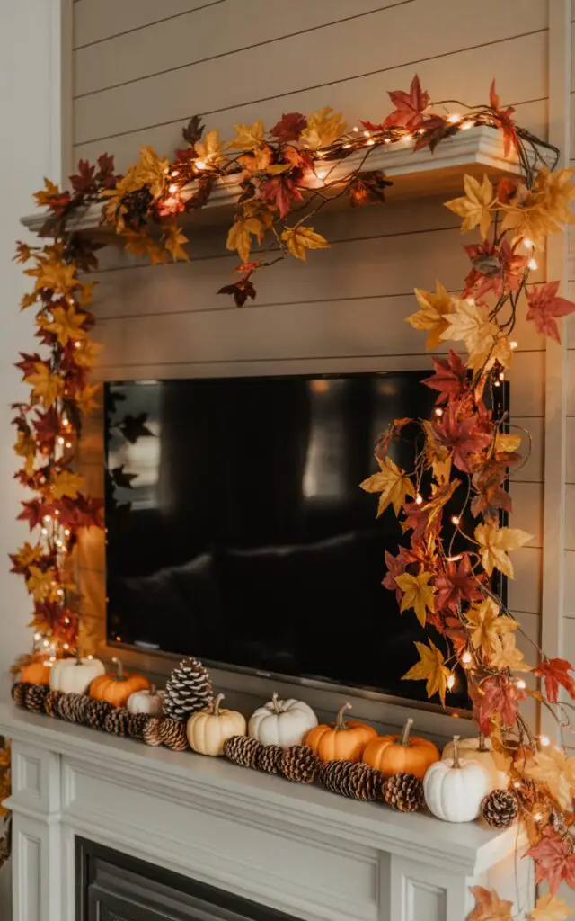 A photograph showcasing a warmly lit fall mantelpiece as the central focus, nestled within an elegantly decorated living room. The mantel is draped with a cascading garland of faux maple leaves in hues of burnt orange, gold, and deep crimson, interwoven with delicate fairy lights that cast a gentle glow. Below the garland, a collection of miniature pumpkins and pinecones are artfully arranged, while a large black television sits centered above the mantel, providing a modern contrast to the rustic autumnal scene. The backdrop features a neutral shiplap wall, and the entire composition is bathed in a soft, inviting light, creating a cozy and visually appealing autumn retreat.