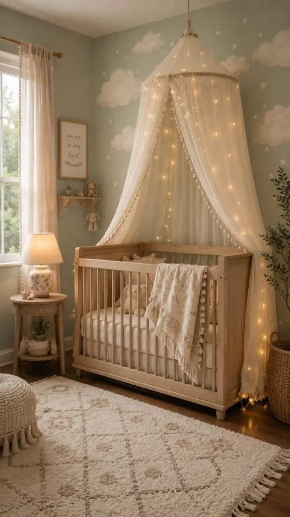 Dreamy pastel nursery with crib and lights