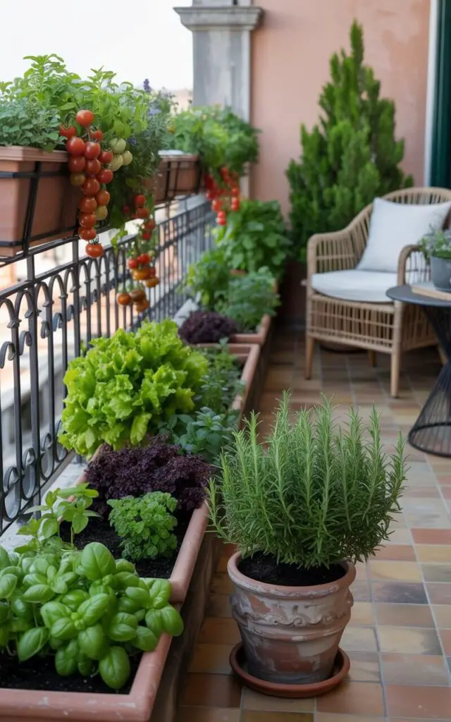 A photograph of a sunlit balcony garden overflowing with vibrant edible plants. Rows of rectangular terracotta planter boxes line the wrought iron railing, bursting with ripe cherry tomatoes, crisp leafy lettuce, fragrant mint, parsley, and sweet basil, while a tall, mature rosemary bush flourishes in a rustic clay pot. The balcony floor is tiled in warm, neutral stone, with a comfortable wicker chair and small table set to the side, inviting relaxation and enjoyment of the garden's bounty. Soft morning light illuminates the scene, highlighting the rich greens and reds, creating a tranquil and inviting atmosphere.