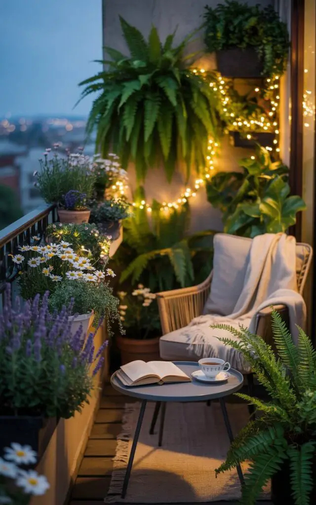 A photograph of a charming balcony garden overflowing with lush greenery, softly illuminated by twinkling fairy lights. A comfortable armchair with a cream-colored throw blanket sits invitingly beside a small round table, upon which rests a half-read book and a delicate porcelain teacup filled with steaming tea. Potted ferns, vibrant daisies, and fragrant lavender cascade over the edges of the planters, creating a sense of abundant life, while the soft glow transforms the space into a nighttime oasis. The balcony overlooks a cityscape barely visible through the subtle haze, enhancing the feeling of a secluded and dreamlike retreat.