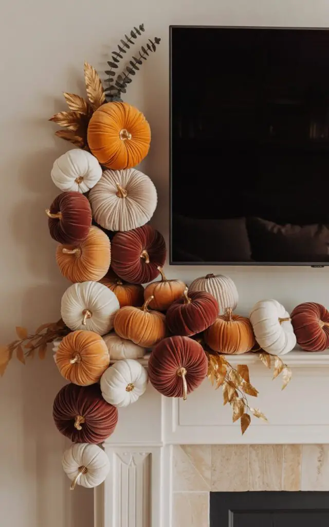 A photograph of a warmly lit living room showcasing an elaborate fall mantel display. A curated collection of velvet pumpkins in shades of deep orange, creamy white, and rich plum are artfully arranged in asymmetrical clusters, some cascading over the edge of the mantelpiece against a soft neutral wall. Above the mantel hangs a large, sleek black television screen, while subtle sprigs of dried eucalyptus and golden leaves peek through the pumpkins, adding a touch of autumnal texture. The scene evokes a cozy and inviting atmosphere with soft, diffused light highlighting the pumpkins' plush surfaces.