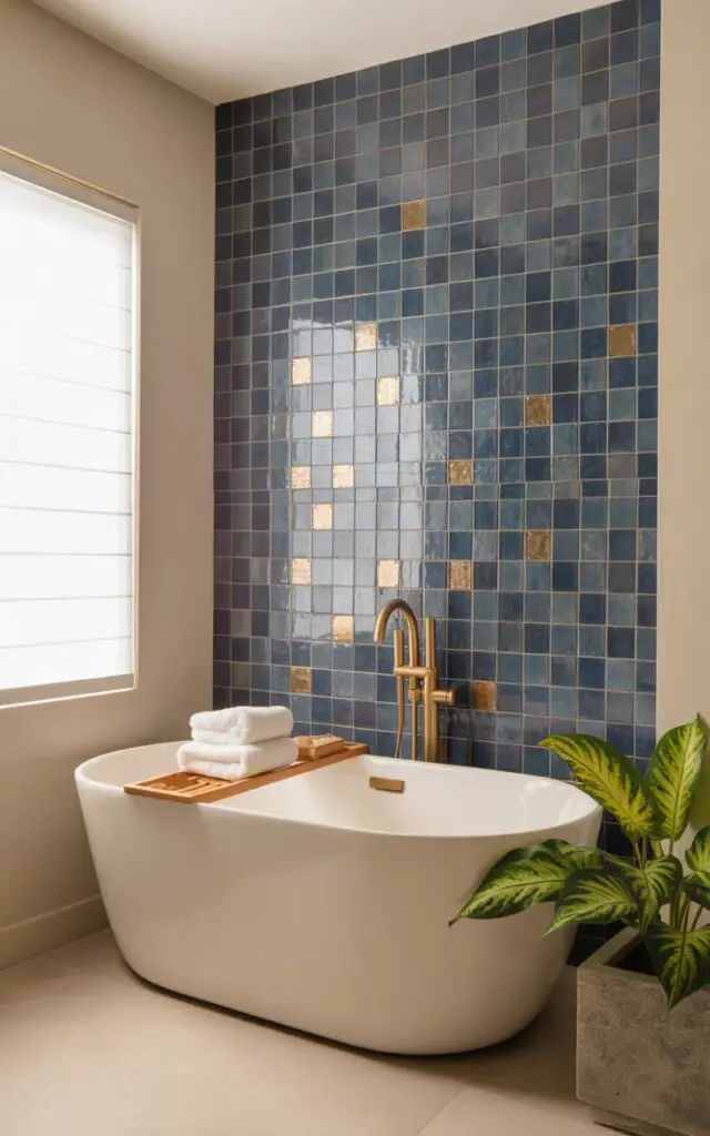 A photograph of a luxurious bathroom, focusing on a freestanding soaking tub positioned before a striking tile feature wall. The wall is clad in large-format navy-and-gold geometric tiles that draw the eye, while the tub itself is a modern white porcelain design with a sleek gold floor-mounted tub filler. Soft, diffused light streams in from a nearby window, illuminating fluffy white towels neatly folded on a wood bath tray and a vibrant leafy plant in a grey stone planter beside the tub. The minimalist surrounding walls are painted a warm beige, creating a balanced and elegant ambiance.