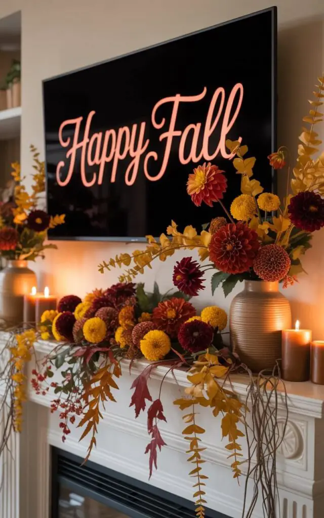 A photograph of a warmly lit living room showcasing a vibrant fall mantelpiece. The mantel is adorned with a lavish arrangement of dahlias, marigolds, and mums in rich rust, mustard, and crimson tones, spilling artfully from textured ceramic vases alongside golden eucalyptus branches and trailing vines. Centered above the mantel, a very large, sleek black television screen displays "Happy Fall" in elegant script. Soft, ambient light from flickering earth-toned candles illuminates the scene, highlighting the woven accents and creating a cozy, autumnal atmosphere.