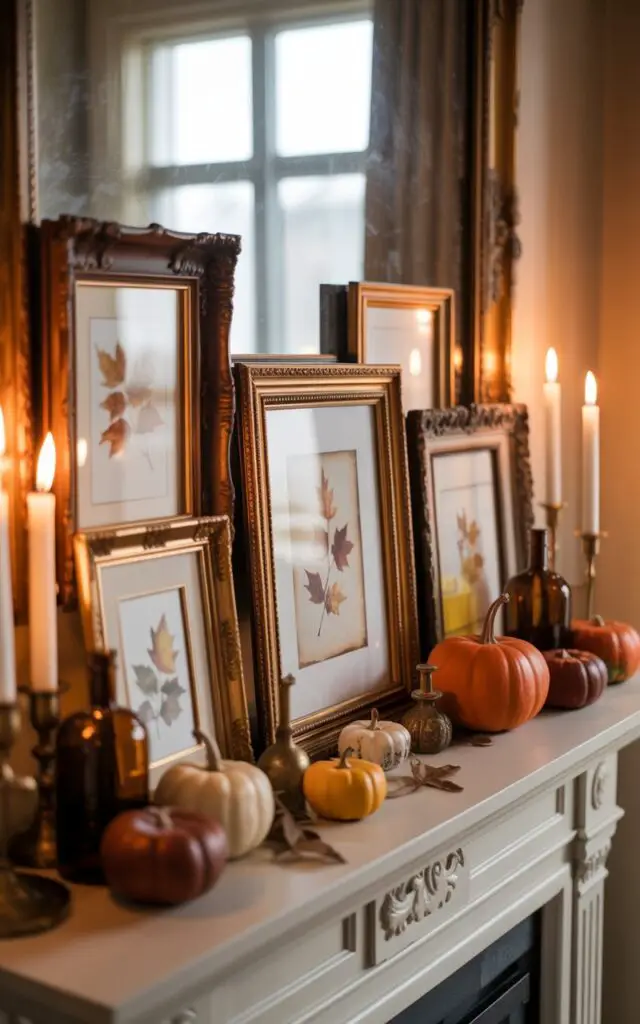 A photograph showcasing a meticulously styled fall mantelpiece within a luxuriously decorated living room. The mantel is adorned with an assortment of vintage and ornate picture frames—some displaying delicate watercolor paintings of autumn leaves, others left intentionally empty—arranged in a slightly overlapping, layered design. Scattered amongst the frames are miniature pumpkins in shades of burnt orange and deep burgundy, alongside antique amber bottles and flickering taper candles in brass holders. Soft, warm light from a nearby window casts a gentle glow across the entire scene, emphasizing the aged textures and creating an inviting, nostalgic atmosphere.