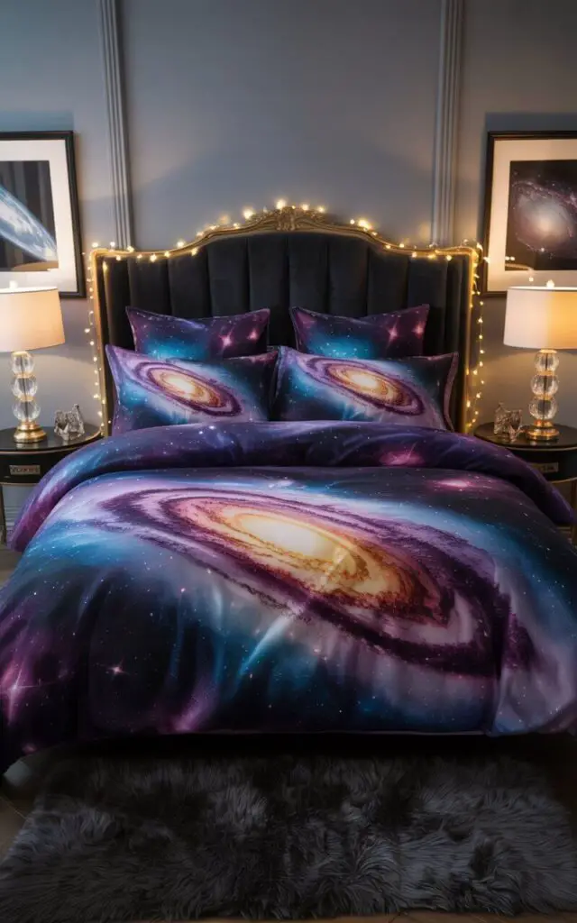 A photograph of a luxurious bedroom with a king-sized bed as the primary focus. The bed is draped in dramatic galaxy-print bedding featuring swirling purples, blues, and shimmering gold stars, complemented by a plush black velvet headboard. Two ornate bedside lamps with crystal bases emit a soft glow, illuminating framed astronomical photographs on the walls and a dark plush rug beneath the bed, with twinkling string lights framing the headboard. The overall scene is bathed in a gentle, diffused light, creating an otherworldly and serene atmosphere.