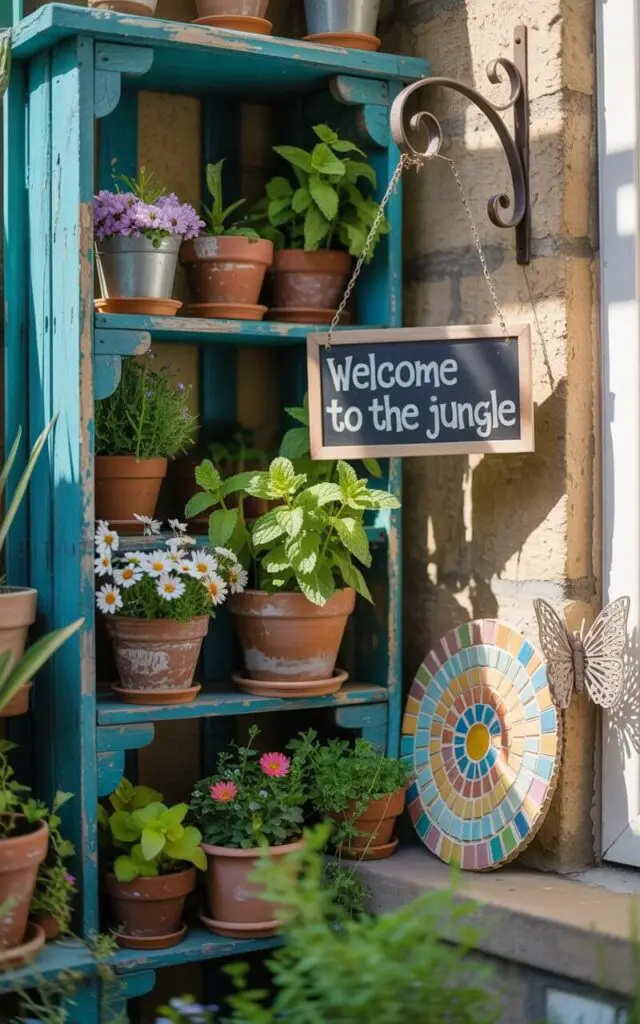 A photograph captures a charming balcony garden overflowing with vibrant life. A weathered antique wooden shelf, painted a deep turquoise, dominates the frame, displaying an array of jewel-toned terracotta pots filled with fragrant mint and cheerful daisies. A whimsical chalkboard sign hanging from a shepherd’s hook reads "Welcome to the Jungle" while a colorful mosaic sunburst leans against a stone wall, accented by a single, metallic butterfly sculpture shimmering in the soft afternoon light. The scene is bathed in warm, diffused sunlight, creating a cozy and inviting atmosphere.