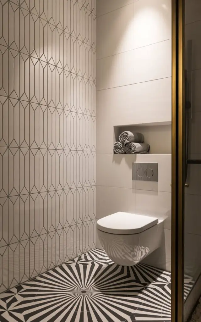 A photograph of a modern bathroom highlighting a geometric tile pattern. The wall features a striking monochrome design of interlocking hexagons and elongated diamonds, while the floor showcases a starburst pattern of black and white triangles, all converging on a sleek, minimalist toilet. A brass-framed mirror reflects the intricate tilework and a recessed shelf holding rolled towels, with soft, diffused light emanating from an unseen source creating subtle shadows. The overall ambiance is clean and artful, accentuating the bathroom's architectural intrigue.