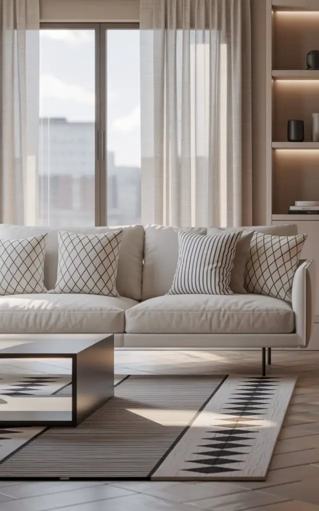 A photorealistic interior rendering of a Scandinavian living room featuring a large, plush ivory sofa centered within a room. The sofa is adorned with a collection of cushions in diamond and stripe patterns, creating a rhythmic visual flow, and sits atop a black-and-white rug with subtle triangular motifs. A sleek, geometric coffee table with clean lines and minimalist shelving units are positioned to the side, complemented by soft, diffused lighting that enhances the room's calm and structured atmosphere. Large windows with sheer linen curtains frame a softly blurred cityscape in the background, adding depth and a touch of modern urban life.