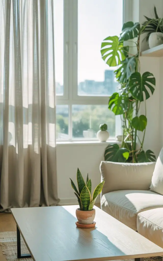A bright and airy interior photograph showcases a Scandinavian living room bathed in natural light. A plush, cream-colored sofa sits opposite a sleek light wood coffee table adorned with a small, terracotta pot filled with a vibrant snake plant, creating a focal point of natural texture. Sheer linen curtains in a soft grey tone frame a large window, revealing a lush cityscape visible through the glass, while a sprawling monstera deliciosa plant cascades from a nearby shelf, adding a touch of organic drama to the minimalist decor. The overall scene exudes a sense of serene tranquility and harmonious connection to nature, using a color palette of soft greens, whites, and light wood tones.