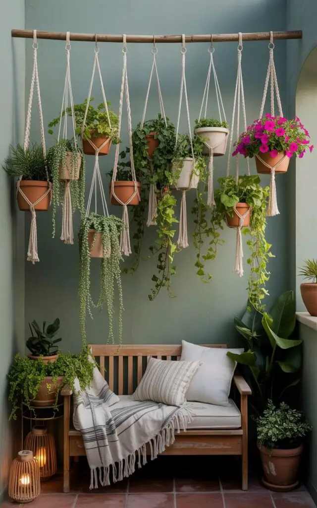 A photograph of a serene balcony garden transformed into a "floating paradise" by an array of hanging planters. Numerous macramé hangers suspend ceramic pots filled with cascading greenery from a weathered wooden rod, displaying trailing plants like string-of-pearls, English ivy, and vibrant petunias spilling over the edges. Below the planters sits a cozy wooden bench draped with plush cushions and a fringed throw blanket, set against calming sage green walls illuminated by soft, warm light from nearby lanterns. The scene conveys a feeling of tranquility and balance, showcasing the harmonious blend of nature and design.