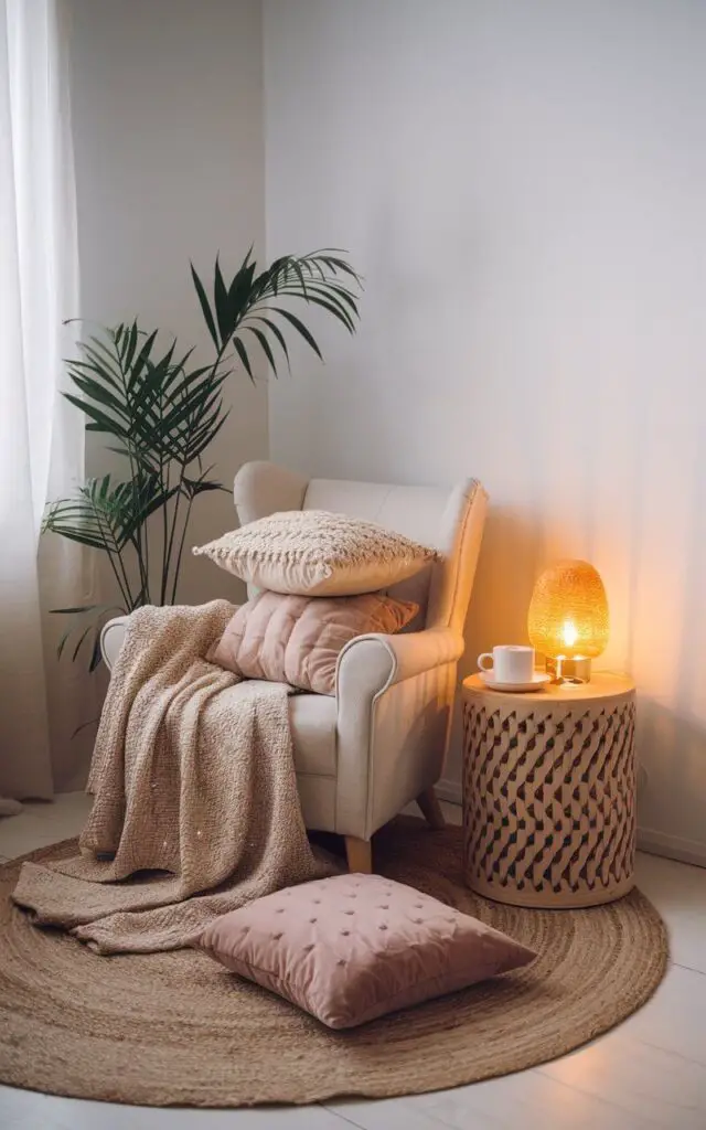 A photo of a Scandinavian living room with a dedicated hygge corner. In the corner, there is a soft armchair, layered with a wool blanket and a stack of plush cushions. A small round side table holds a warm cup of tea and a glowing lamp, casting a golden light. A woven rug and a potted plant complete the nook, making it feel intimate. The rest of the space remains airy and uncluttered.