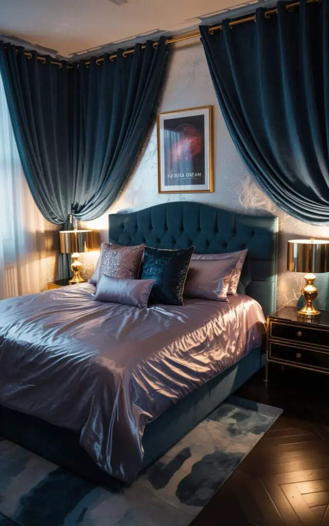 A photograph of a lavishly decorated celestial bedroom featuring a queen-sized bed as the central focus. The bed is draped in shimmering sapphire satin sheets and adorned with plush jewel-toned throw pillows, with a deep sapphire velvet headboard and tufted design. Deep sapphire velvet window curtains cascade down to the floor, complemented by gold-trimmed bedside lamps softly illuminating the room and creating a warm, ambient glow. The walls are a muted silver, reflecting the soft light, while a single framed print of "NEBULA DREAM" hangs above the bed, completing the elegant cosmic retreat.