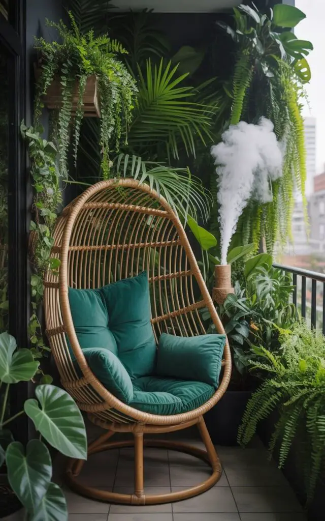 A photograph of a cozy rattan egg chair nestled within a vibrant, overflowing balcony garden. The chair, adorned with plush emerald green cushions, sits slightly off-center, partially obscured by trailing philodendron vines and lush elephant ear leaves. Towering palms and a variety of ferns create a dense, jungle-like canopy, with hanging pots overflowing with greenery cascading down the railings, while a gentle mist from a humidifier adds to the tropical ambiance. Soft, diffused sunlight filters through the dense foliage, creating a serene and immersive verdant escape.