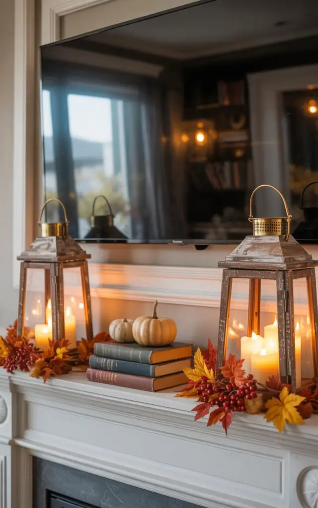 A photograph showcasing a warmly lit fall mantelpiece as the central focus, set against the backdrop of an elegantly decorated living room. Two antique wooden lanterns with aged glass panes flank the mantel, each containing a cluster of flameless candles surrounded by vibrant faux autumn leaves and crimson berries, while a stack of vintage books and two neutral-toned pumpkins are nestled between them. Above the mantel hangs a large, modern black television screen that is turned off, creating a subtle contrast with the rustic charm of the decorations. Soft, golden light from the lanterns casts a gentle glow across the scene, highlighting the plush seating and layered throws, and fostering a sense of cozy seasonal warmth.