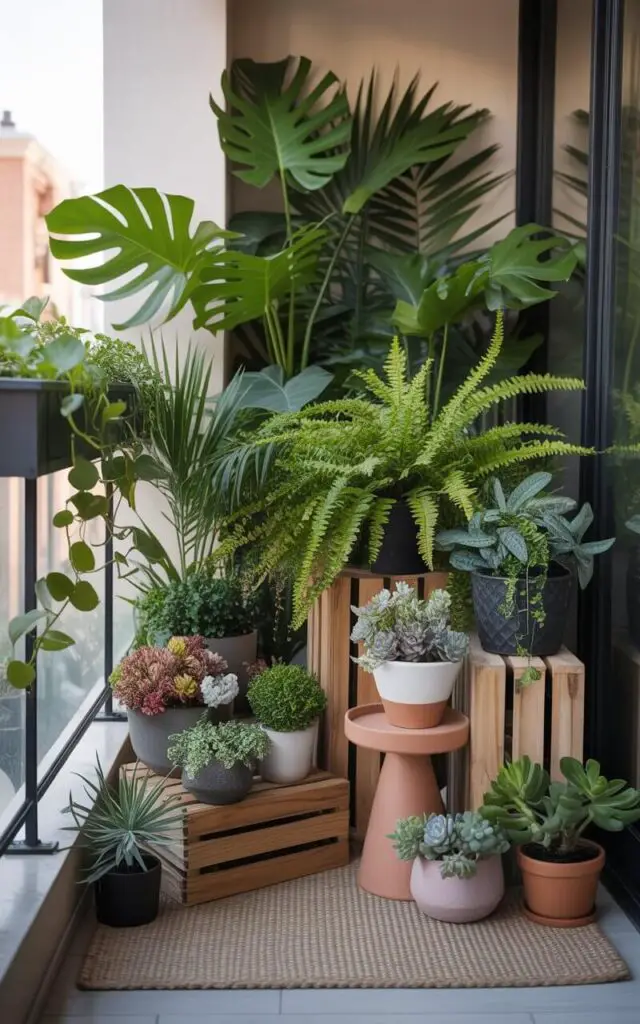A photograph of a cozy balcony overflowing with lush greenery and thoughtfully curated plant arrangements. Various sized wooden crates, terracotta pedestals, and sleek black metal stands display an abundance of plants, including large monstera and palm leaves in the back, vibrant ferns and calatheas in the middle, and delicate succulents and flowering pots in the foreground. A neutral jute rug lies beneath the plants, and the glass railing is softened with trailing ivy, creating an immersive and abundant urban oasis. Soft natural light illuminates the balcony, highlighting the textures of the plants and the unique character of each individual pot, creating a sense of peaceful tranquility.
