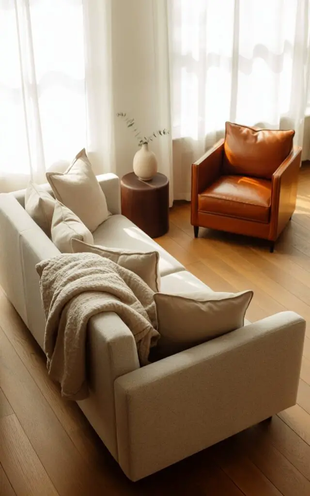 A photograph of a meticulously designed Scandinavian living room centered around a light gray, plush sofa facing a caramel-toned leather armchair. The sofa is adorned with several cream-colored linen throw pillows and a soft, textured wool blanket draped casually over the back, while the leather armchair sits atop a small, dark brown leather ottoman. Warm, diffused sunlight streams in through sheer white curtains, illuminating the polished wooden floors and highlighting the subtle grain in the walls. A single, minimalist ceramic vase with a sprig of greenery sits on a nearby side table, completing the serene and inviting atmosphere.