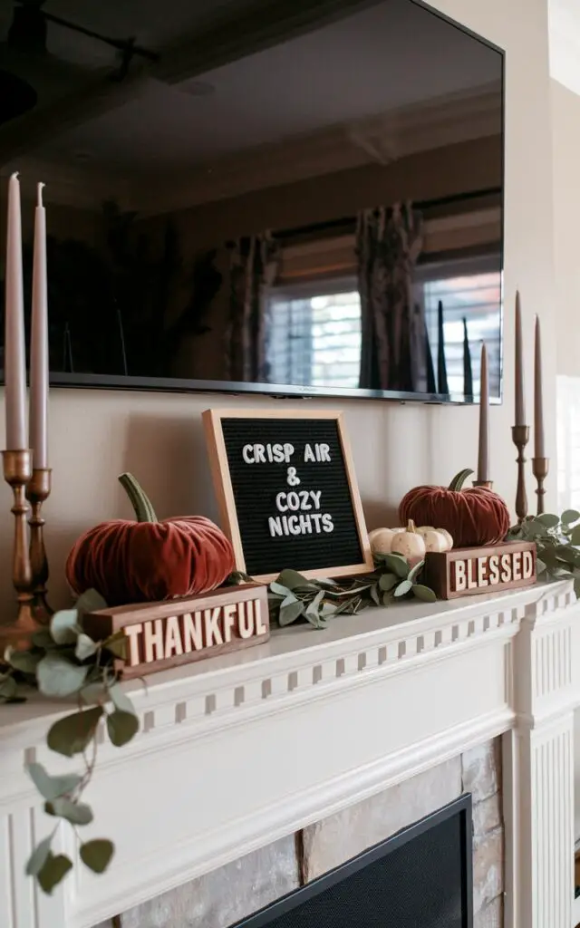 A photo of a charming fall mantel in a well-decorated living room. The mantel features a small black felt letterboard with white letters spelling out "Crisp Air & Cozy Nights." Flanking the letterboard are wooden blocks with carved words like "Thankful" and "Blessed," nestled among velvet pumpkins and eucalyptus branches. The signs are balanced by muted candles and vintage trinkets, creating a playful yet polished look. A large oversized black television is above the mantel.