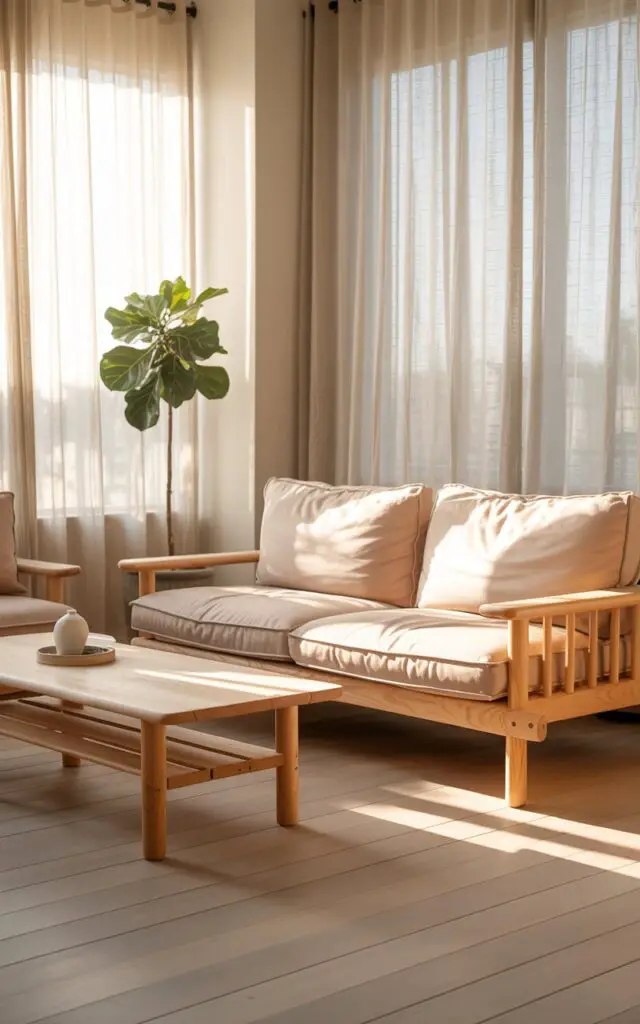 A sun-drenched photograph showcases a cozy Scandinavian living room, featuring pale birch flooring and light pine furniture. A large, plush sofa in a soft beige tone is positioned centrally, complemented by a minimalist coffee table crafted from natural ash wood, while sheer white linen curtains frame the windows. A single potted fiddle-leaf fig tree sits to the left, its glossy leaves reflecting the soft light, and a warm glow spills across the room, emphasizing the clean lines and organic textures. The overall atmosphere evokes tranquility and understated elegance, perfectly embodying the essence of Scandinavian design.