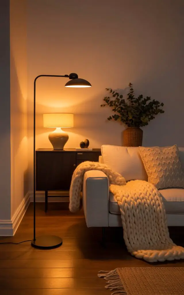 A warm, inviting interior photograph of a Scandinavian living room bathed in layered lighting. A slim, black floor lamp with a curved arm stands beside a comfortable, light gray sofa adorned with chunky, cream-colored knit throws and a patterned linen cushion. A delicate table lamp with a ceramic base sits on a dark wood sideboard, casting a soft golden glow across the white walls and highlighting a small, woven basket of greenery in the corner. The scene evokes a sense of cozy elegance, with subtle reflections of the ambient light dancing across polished hardwood floors.