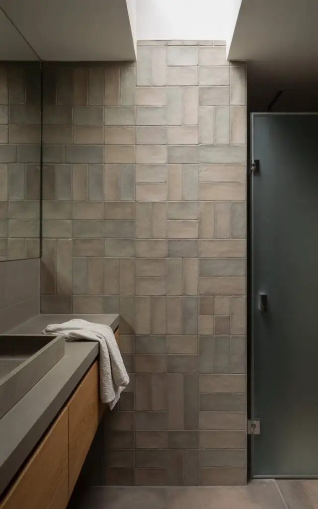A photograph of a modern bathroom interior showcasing a section of muted stone gray matte tile. The velvety texture of the tile is emphasized by a single, neatly folded white towel draped across the edge of a floating oak vanity with a sleek concrete sink. A narrow skylight positioned directly above casts a soft, diffused glow onto the textured surfaces, highlighting the subtle variations in the gray tone. The scene evokes a sense of tranquility and understated luxury, with the frosted glass shower door slightly ajar in the background.