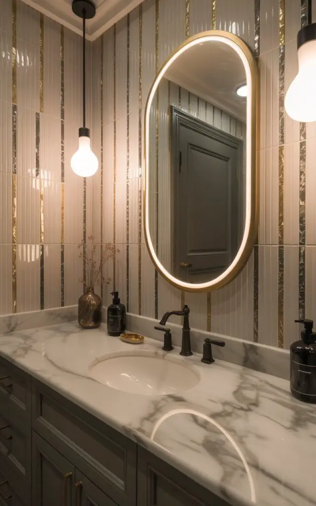 A photograph of a luxurious bathroom interior dominated by a gleaming marble vanity. The vanity countertop showcases subtle gray veining, complemented by matte black faucets and a tall, oval mirror with a brushed gold frame reflecting the ambient light.  Behind the vanity, thin strips of gold and silver mosaic tile are strategically integrated into a neutral tiled wall, creating a shimmering effect. Soft pendant lights illuminate the metallic accents and charcoal cabinetry, transforming the space into a glamorous sanctuary.