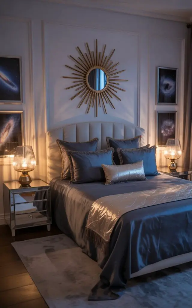 A photograph of a luxurious bedroom designed with a celestial theme. The focal point is a plush king-sized bed draped in midnight-blue linens, adorned with gold and silver metallic-trimmed cushions, and framed by a starburst mirror hanging above the headboard. On either side of the bed sit sleek mirrored nightstands each holding a candle holder casting a soft flickering glow, and subtle cosmic art prints displaying swirling nebulae are tastefully arranged on the walls. The room is bathed in gentle ambient lighting, accentuating the elegant gold, silver, and bronze accents that create a refined celestial sparkle.