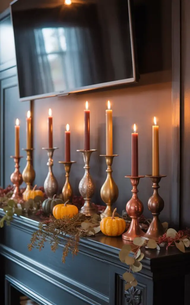 A photograph of a beautifully decorated living room showcasing a refined fall mantel display. The mantel features an elegant arrangement of vintage-inspired candlesticks in varying heights, finished in warm metallic tones of copper, bronze, and aged gold, each holding a taper candle in shades of rust, burgundy, and amber. Below the candlesticks, dried eucalyptus sprigs and small pumpkins create a balanced seasonal moment set against a deep charcoal wall, with a large black television subtly positioned above the mantel. Soft, warm ambient light streams in from a nearby window, highlighting the metallic tones and flickering candle flames, creating a cozy and inviting atmosphere.