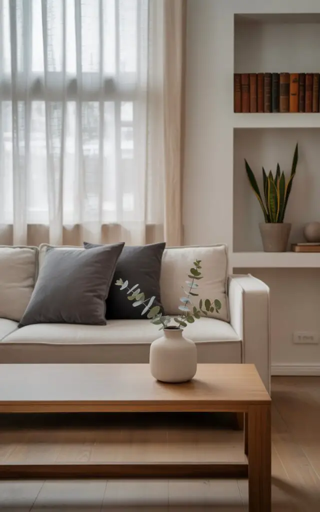 A photograph of a serene Scandinavian living room adhering to a minimalist aesthetic. A plush, beige sofa anchors the space, adorned with two soft, charcoal grey cushions, and a low wooden coffee table sits centered before it. On the table rests a simple white ceramic vase holding a few delicate sprigs of eucalyptus, while a nearby built-in shelf displays a curated selection of leather-bound books and a small potted snake plant. Soft, diffused natural light streams through sheer linen curtains, gently illuminating the warm wood floors and creating an atmosphere of peaceful tranquility.