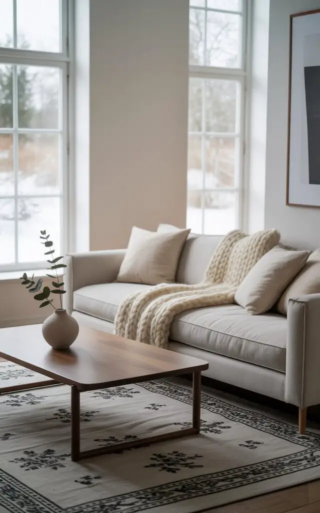 A photograph of a Scandinavian living room bathed in soft, diffused light showcasing a pale gray sofa as the central focus. The sofa, adorned with a chunky knit cream throw and several linen pillows, sits centered against a wall with a single large black and white abstract print. A low, sleek walnut coffee table with a minimalist ceramic vase holding a single sprig of eucalyptus rests before the sofa, while a patterned area rug defines the space and reflects the room's overall sense of quiet sophistication. Large windows frame a snowy landscape outside, completing the serene and inviting atmosphere.