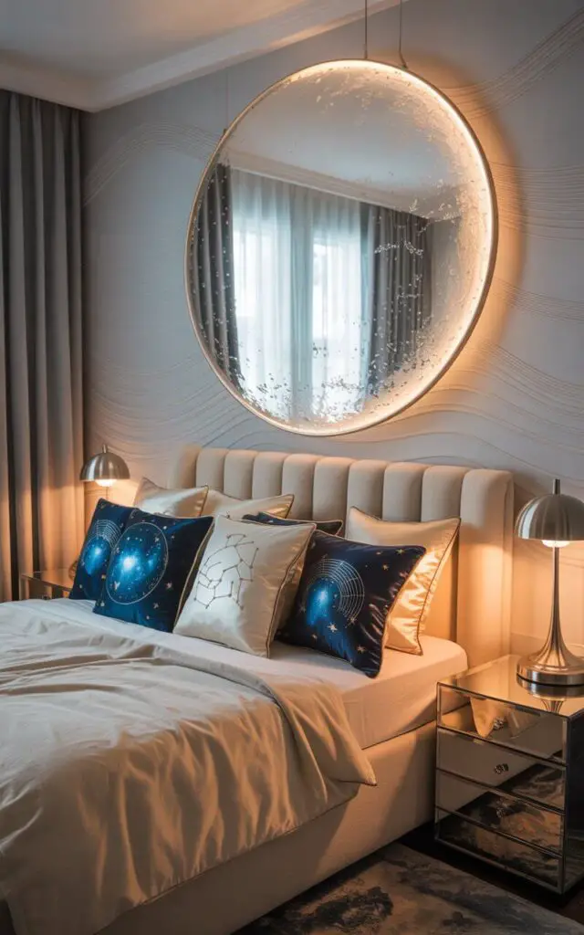 A photograph of a luxurious bedroom featuring a large, round, moon-like mirror suspended above a plush, inviting bed. The bed is draped in soft, cream-colored linens and adorned with an assortment of metallic-embroidered cushions depicting constellations and celestial patterns. Mirrored bedside tables flank the bed, each holding a sleek silver lamp casting a warm, inviting glow on the light gray walls, which are subtly textured with a gentle wave pattern, creating a dreamy, moonlit ambiance. The room is bathed in soft natural light filtering through sheer, flowing curtains, adding to the tranquil, celestial atmosphere.