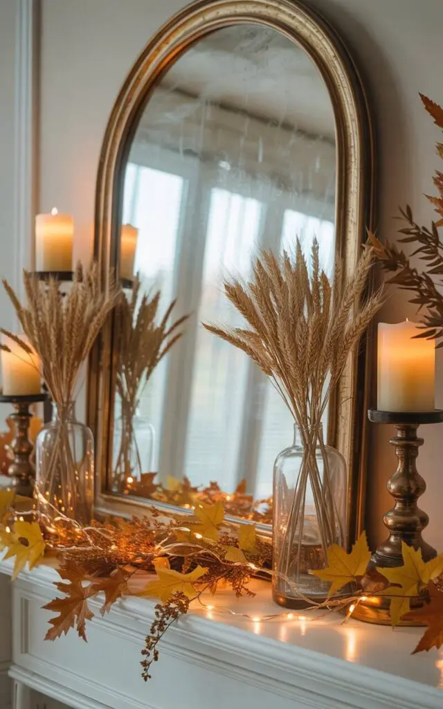 A photograph of an exquisitely decorated living room mantelpiece showcasing a grand fall display. The centerpiece is a large, arched antique mirror with a brushed gold frame, reflecting layered autumn décor and creating a doubled depth effect. Rustic candlesticks and glass vases holding dried wheat are strategically placed around the mirror, while a garland of golden foliage and copper wire lights delicately wraps across the mantel. Soft, diffused natural light streams in from a nearby window, highlighting the warm tones of the autumnal arrangement and adding a cozy ambiance to the well-appointed living room.